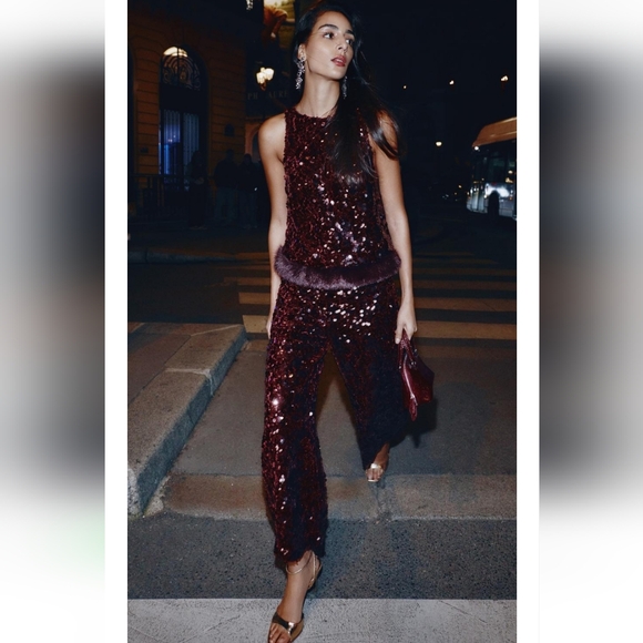 Zara Set Sequin Barrel Pants & Top With Faux Fur Hem NWT - Picture 12 of 16